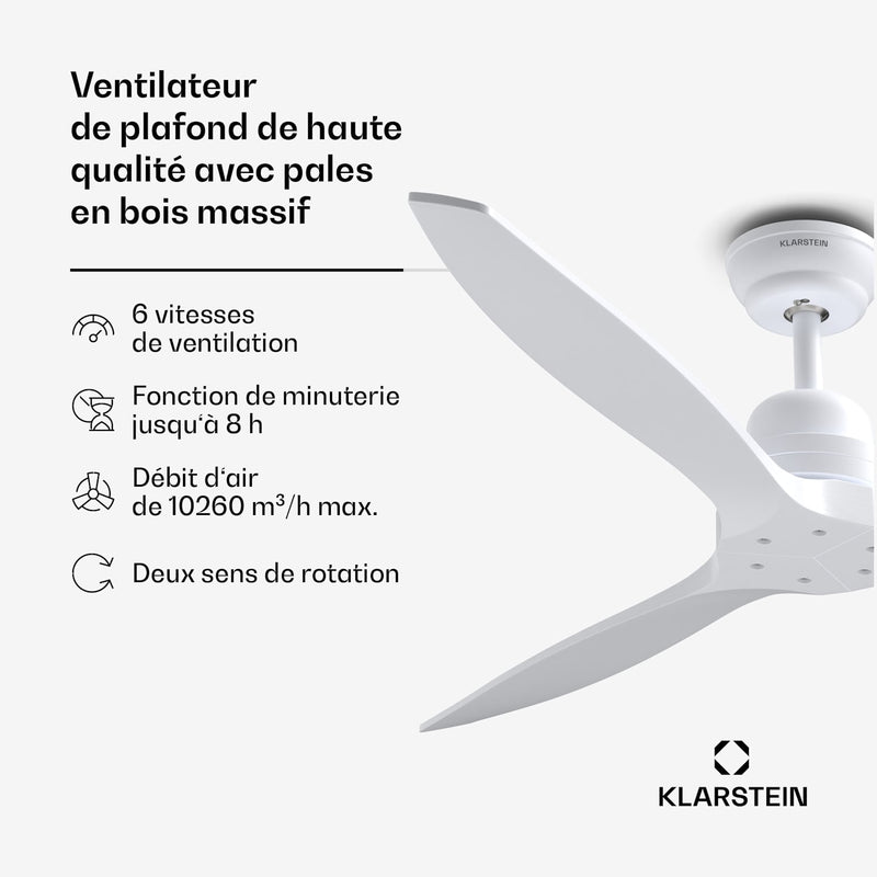 Santa Elena Ventilateur de plafond 52" 9060 m³/h Pales en bois véritable 6 vitesses Télécommande