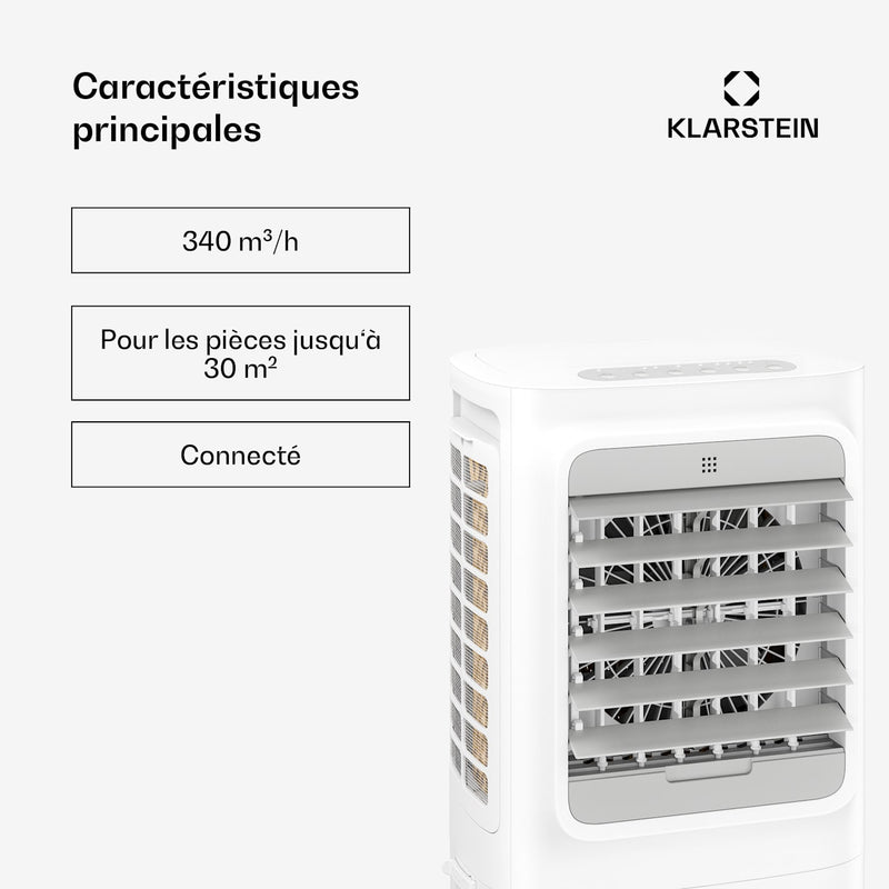 Breezcube Rafraîchiseur d'air connecté avec refroidissement à eau | 340 m³/h | 10 l | 30 m² | 3 modes | 50 W